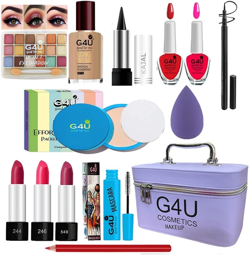 G4U All in One Makeup Kit Gift Set,Eyeshadow,Eyeliner Pen,Foundation,3 Lipsticks,Kajal,Lip Liner,Puff,Mascara,2nail Polish,Compact,Perfect for Party Wedding makeup With Makeup Box(Set Of 14Pcs) ST 37 - Image 1