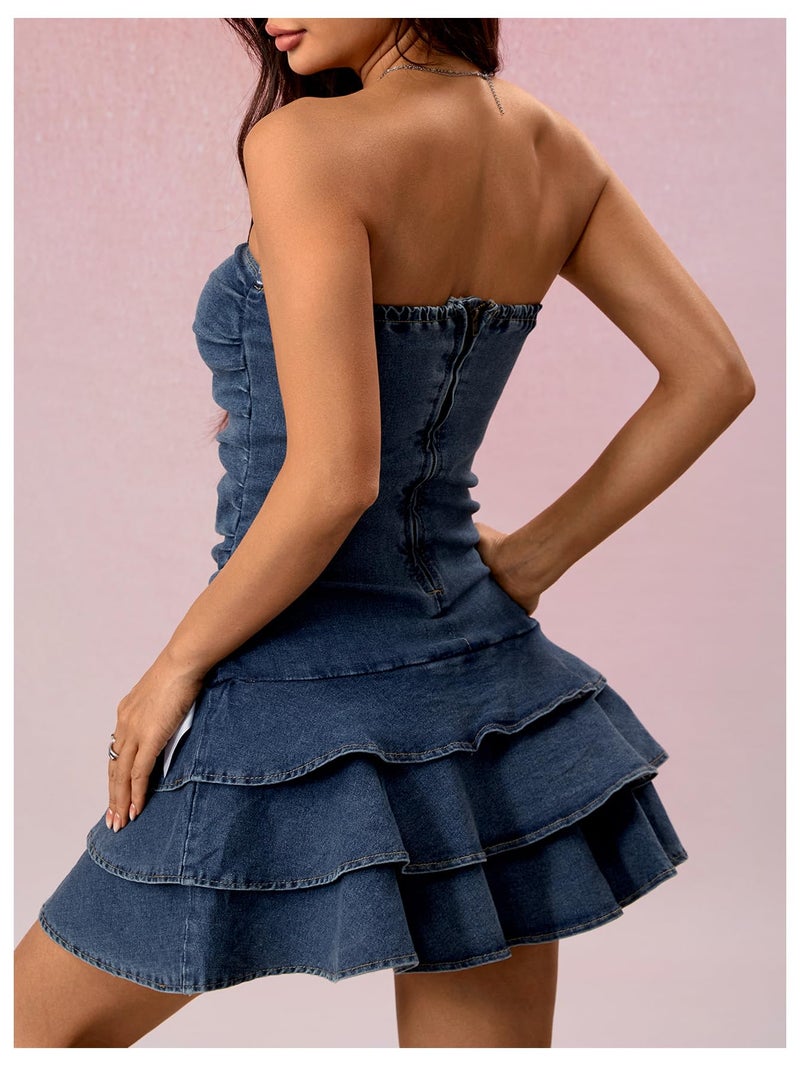 WDIRARA Women's Strapless Denim Mini Dress Bandeau Layered Ruffle A Line Bow Dresses Medium Blue Small - Image 3