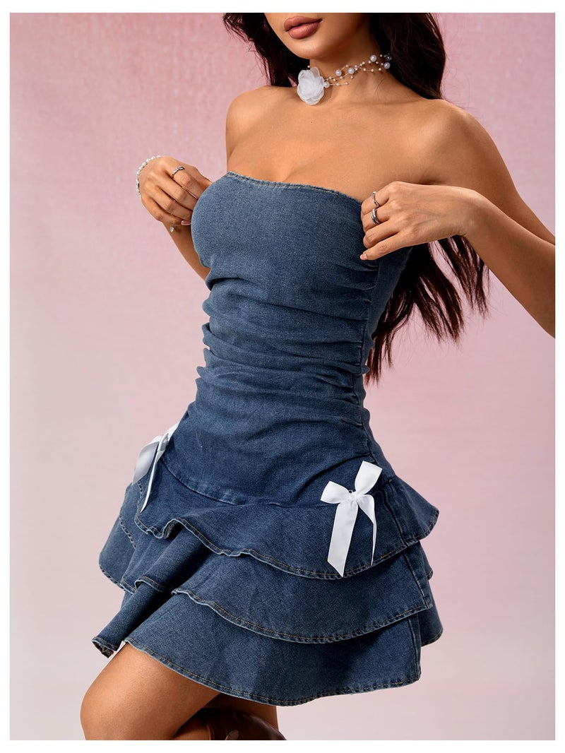 WDIRARA Women's Strapless Denim Mini Dress Bandeau Layered Ruffle A Line Bow Dresses Medium Blue Small - Image 4