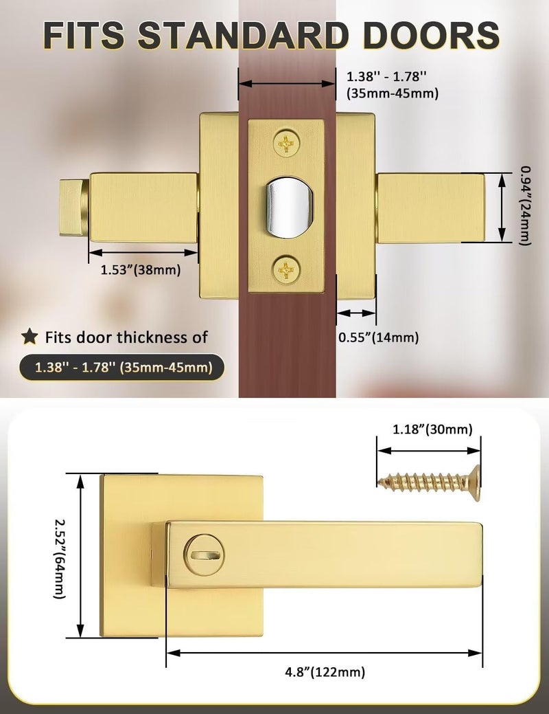 Tinewa 5 Pack Heavy Duty Gold Square Privacy Interior Door Levers, Satin Brass Finish, Bedroom and Bathroom Door Handles Keyless Bed/Bath Lockset - Image 2