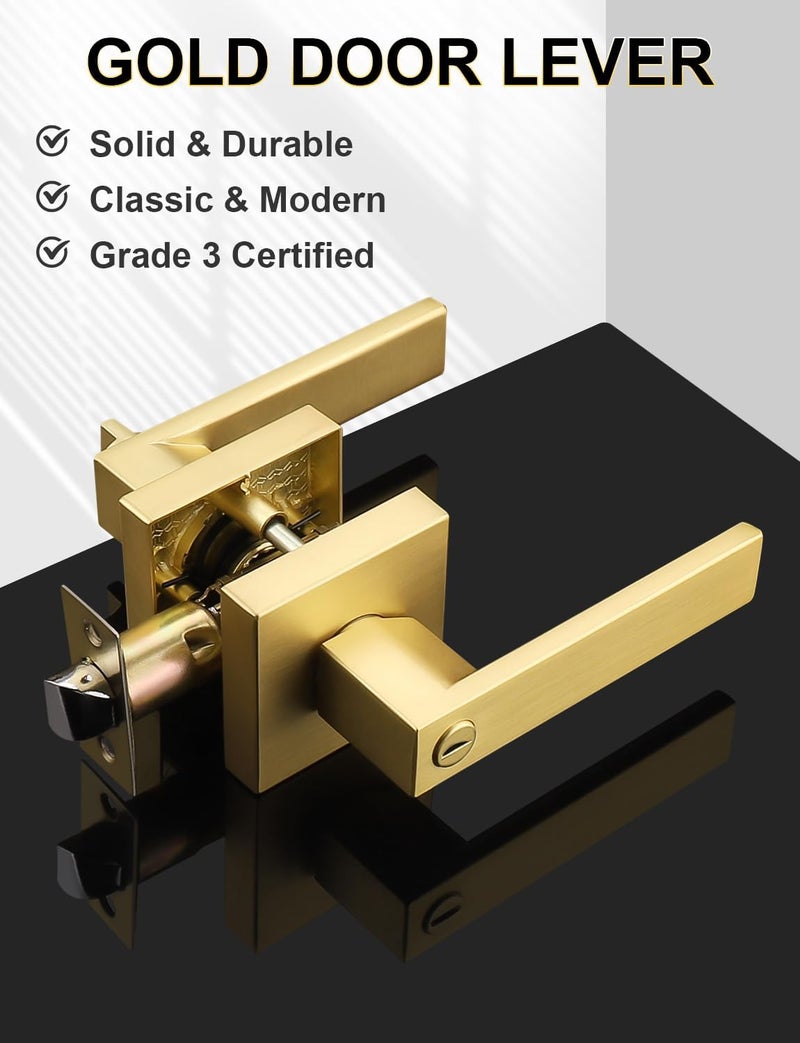 Tinewa 5 Pack Heavy Duty Gold Square Privacy Interior Door Levers, Satin Brass Finish, Bedroom and Bathroom Door Handles Keyless Bed/Bath Lockset - Image 3
