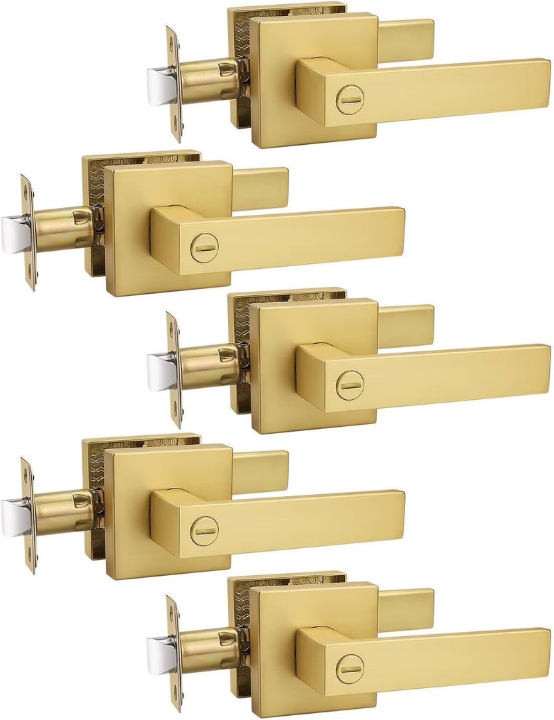 Tinewa 5 Pack Heavy Duty Gold Square Privacy Interior Door Levers, Satin Brass Finish, Bedroom and Bathroom Door Handles Keyless Bed/Bath Lockset - Image 1