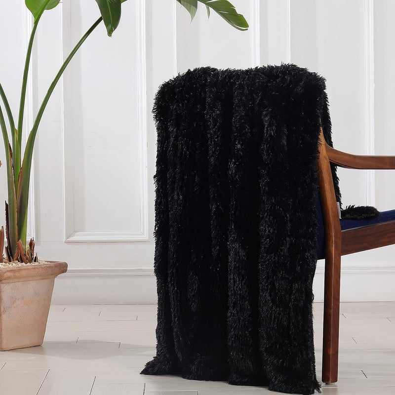 Tuddrom Decorative Extra Soft Faux Fur Blanket Twin Size 70" x78",Reversible Fuzzy Lightweight Long Hair Shaggy Fleece Blanket,Fluffy Cozy Plush Comfy Microfiber Throw Blanket for Couch Sofa Bed,Black - Image 5