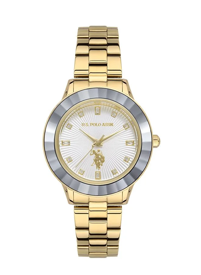 يو اس بولو اسن U.S. Polo Assn. Fundamental 36mm Ladies' White Dial Watch with Gold Stainless Steel Band and Abstract Design Bezel - USPA2044-03, Boldly Stylish Sophistication