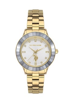 U.S. Polo Assn. U.S. Polo Assn. Fundamental 36mm Ladies' White Dial Watch with Gold Stainless Steel Band and Abstract Design Bezel - USPA2044-03, Boldly Stylish Sophistication  - Image 1