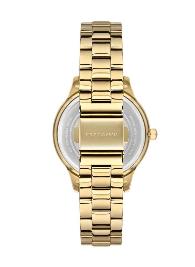 U.S. Polo Assn. - U.S. Polo Assn. Fundamental 36mm Ladies' White Dial Watch with Gold Stainless Steel Band and Abstract Design Bezel - USPA2044-03, Boldly Stylish Sophistication - Image 1