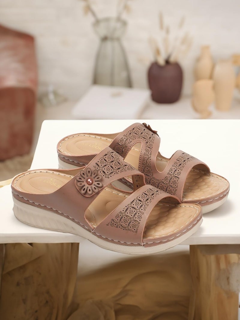 XE Looks Women's Peach Doctor Slippers | Elegant Lesar Cut-Out Floral Design with Cushioned Wedge Sole | Ultimate Comfortable and Durable Doctor Slipper For Girls & Women - Image 2