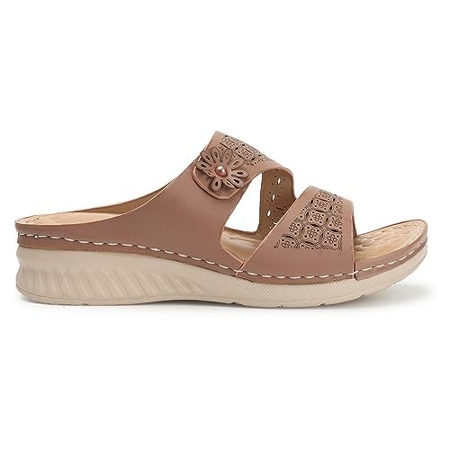 XE Looks Women's Peach Doctor Slippers | Elegant Lesar Cut-Out Floral Design with Cushioned Wedge Sole | Ultimate Comfortable and Durable Doctor Slipper For Girls & Women - Image 5