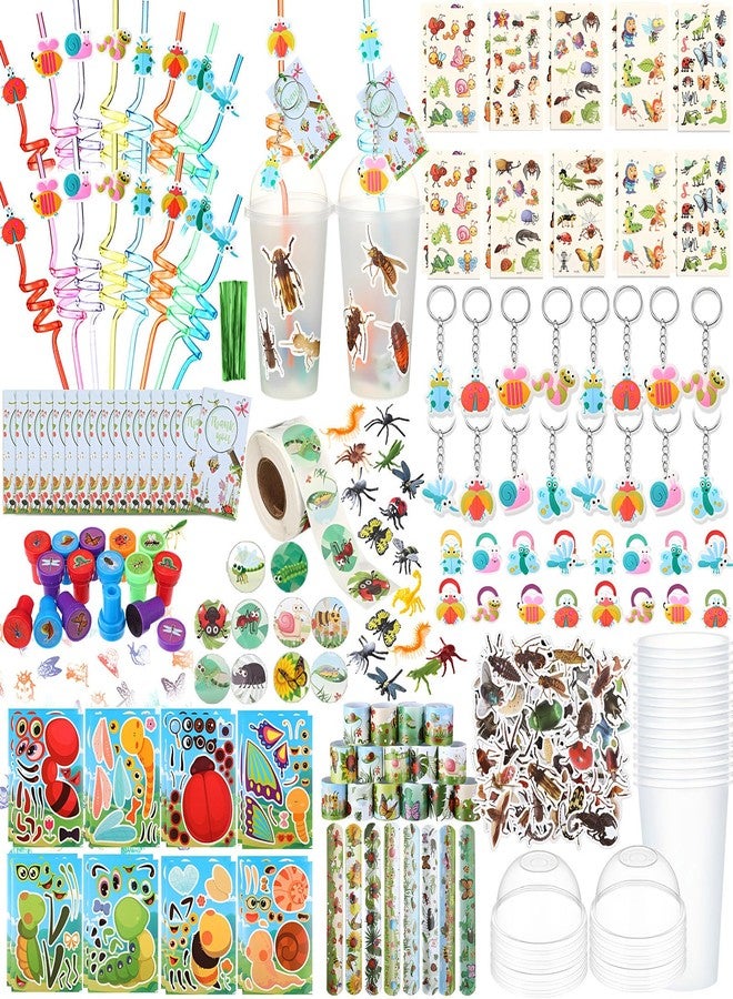 Poen 172 Pcs Insects Party Favors Bugs Birthday Party Favors Include Cup Straw Stamp Clap Bracelet Keychain Ring Puzzle Sticker Animal Miniature Card for Classroom Rewards Gifts Goody Bag Stuffer - Image 1