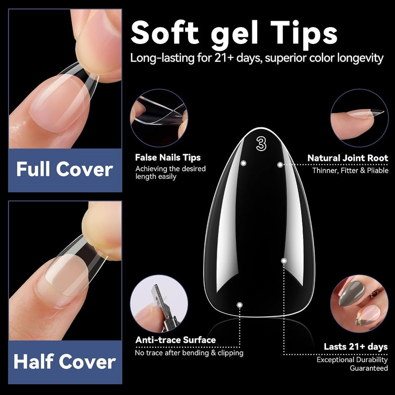UNA GELLA 504 Pcs Short Almond Gel Fake Nails Preformed in 12 Sizes Clear Acrylic Soft Gel for Nail Extension at Home or Salon. - Image 3