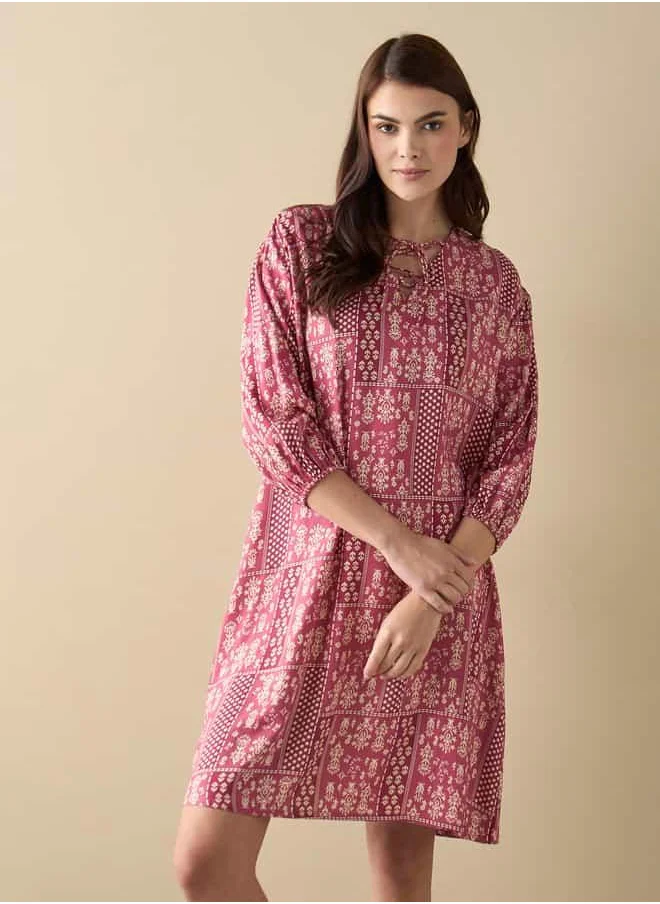 FAV All-Over Floral Print Sleepshirt with Tie-Ups and 3/4 Sleeves