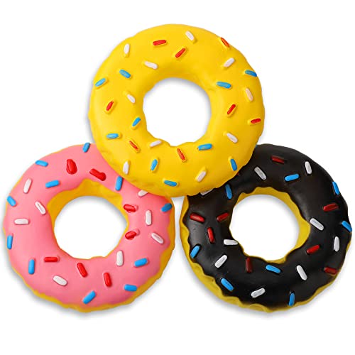 Leitee 3 Pieces 53 Inch Assorted Donut Dog Chew Toy with Squeakers Rubber Dog Toy Pink Yellow Black for Interactive Play Small to Medium Dogs Puppy Aggressive Chewers for New Year Gift - Image 1