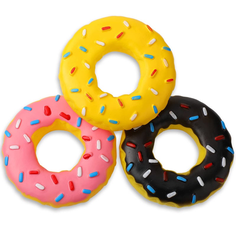 Leitee 3 Pieces 53 Inch Assorted Donut Dog Chew Toy with Squeakers Rubber Dog Toy Pink Yellow Black for Interactive Play Small to Medium Dogs Puppy Aggressive Chewers for New Year Gift - Image 2
