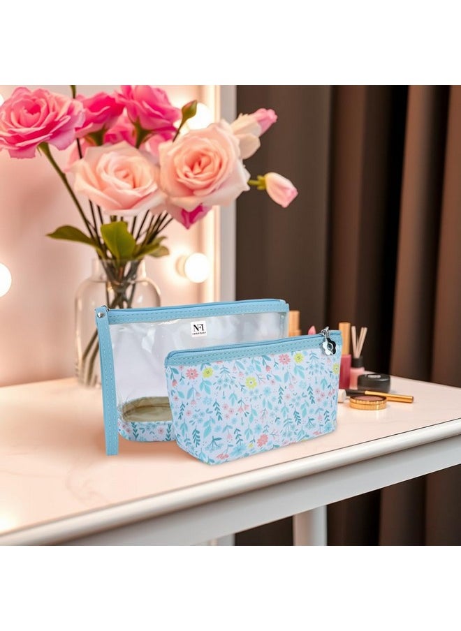 NFI essentials NFI essentials Set of 2 Flower Print Cosmetic Pouch Makeup Pouch Travel Organizer Toiletry Bag for Women Zippered Pouch Set with Handle, Large & Medium  - Image 5