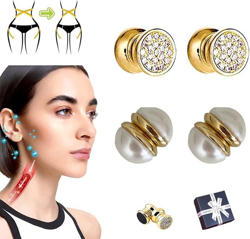 cheekyglo Kyana Lympha Circurl Magnetic Ear Ornament, Lymphatic Drainage Therapeutic Magnetic Ear Ornament, Non Piercing Earrings Promotes Blood Circulation For Women Men (2 Pairs - Pearl+Diamond) - Image 1