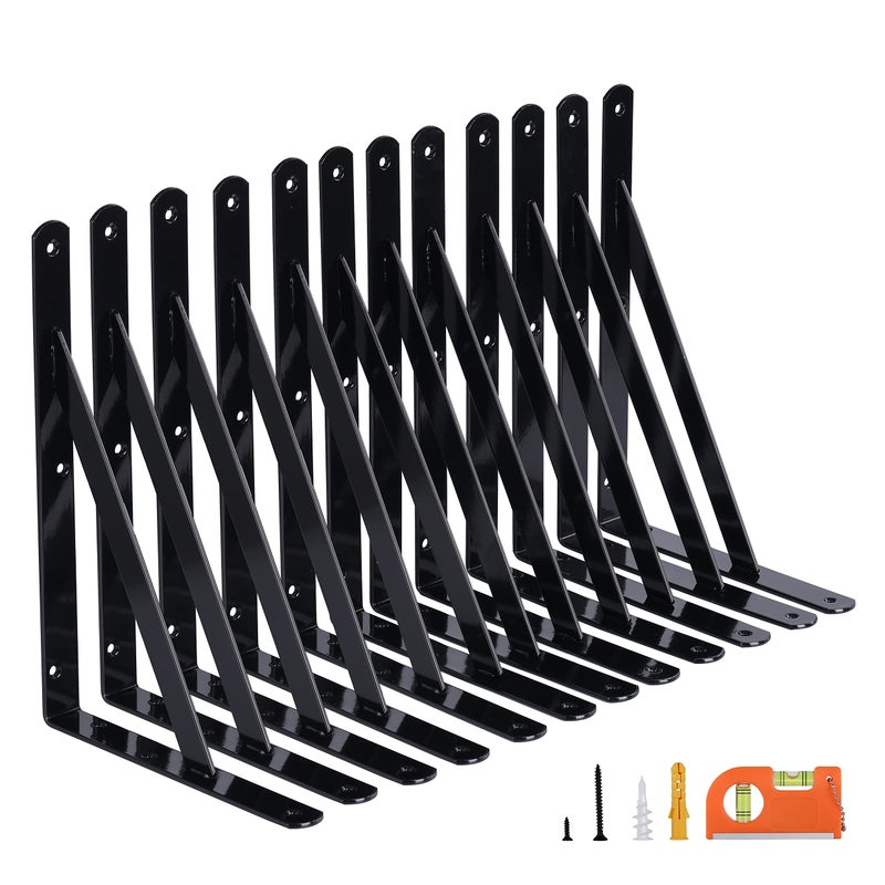 Neodrop 12-Pack 12 Inch Heavy Duty Shelf Brackets Large Wall Bracket For Floating Shelves Black Powder-Coated Steel - Image 1