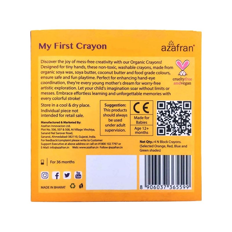 Azafran My First Crayon 4 Jumbo Block Crayons Colors Set for Kids Baby and Infant Safe Hypoallergenic NonToxic Washable PlantBased Crayons Colour Set Ideal Toys for 1 Year Old - Image 2