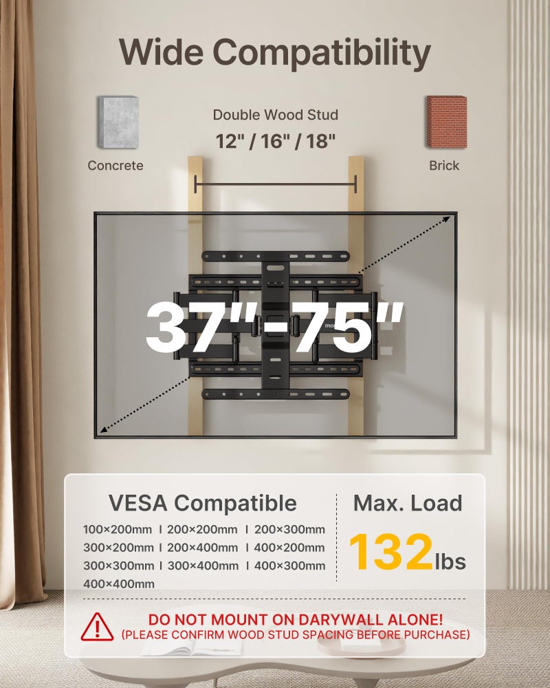 monTEK 1.1" Ultra Slim TV Wall Mount for 37-75 Inch TVs, 132lbs Heavy Duty, 4X Weight Tested, Full Motion Articulating Bracket, Max VESA 400x400mm, Fits 16/18" Studs - Image 2