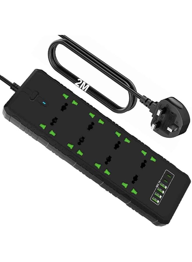 promass Universal Extension Lead Cord Power Strip Plug Adapter, 6 Way Power Extension Cord 4 USB Ports Cable Surge Protector with 2 Meter 3.1A (T28,Black) - Image 1