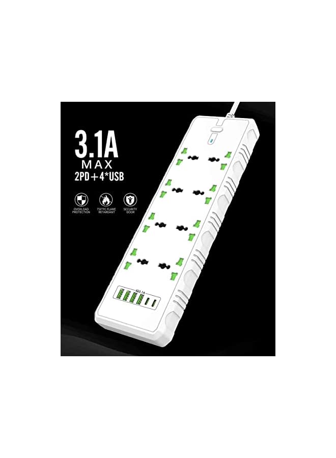 promass Universal Extension Lead Cord Power Strip Plug Adapter, 6 Way Power Extension Cord 4 USB Ports Cable Surge Protector with 2 Meter 3.1A (T28,Black) - Image 5