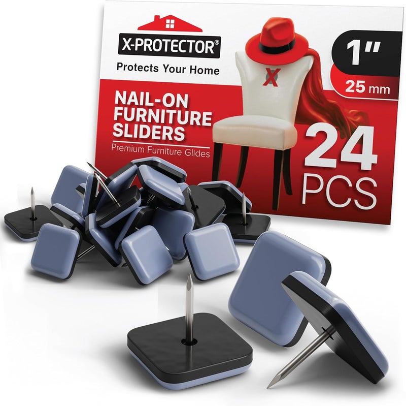 X-Protector Chair Glides – 1" Furniture Glides 24 pcs – Grey Nail-on Chair Sliders – Premium Chair Leg Floor Protectors – Slide Effortlessly with Chair Leg Pads That Protect Your Floor! - Image 1