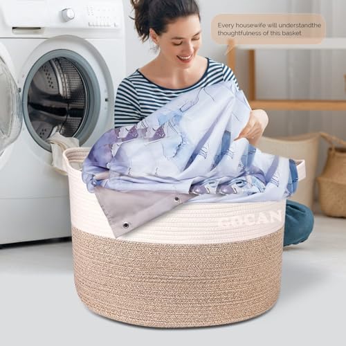 GOCAN Extra Large Laundry Basket toy storage 22"X22"X14" blanket basket Cotton Rope Woven Baskets with Handles for Living Room (Brown/Beige) XXXL - Image 4