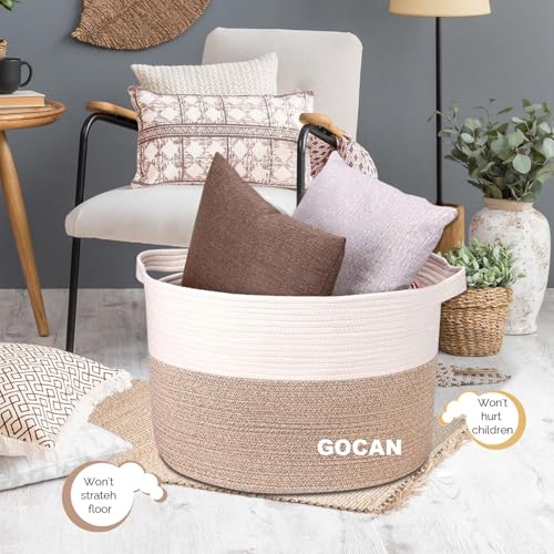 GOCAN Extra Large Laundry Basket toy storage 22"X22"X14" blanket basket Cotton Rope Woven Baskets with Handles for Living Room (Brown/Beige) XXXL - Image 2