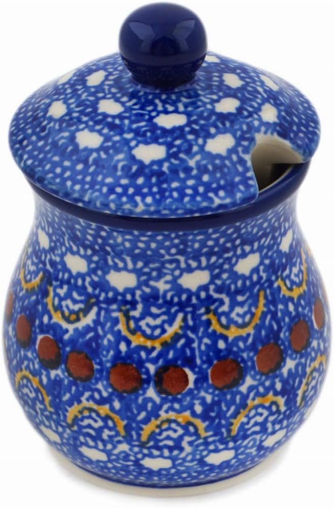 Polmedia Polish Pottery Authentic Polish Pottery Sugar Bowl 5 oz in Blue Horizons Design Handmade in Bolesawiec Poland by Ceramika Artystyczna  Certificate of Authenticity  - Image 1