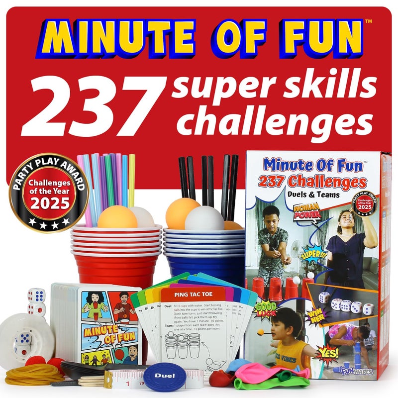 Funwares Original 237 Minute of Fun Games - Minute to Win It Family Party & Travel for Kids & Adults, 2-12 Players! Ready to Play Right Out of The Box! - Image 1
