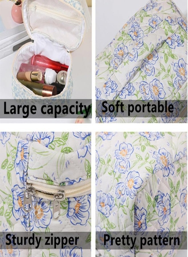 Sprqcart مجموعة حقائب مكياج Sprqcart للنساء، حقيبة مستحضرات تجميل قطنية مبطنة بسحاب - متوسطة الحجم، منظم أدوات تجميل مزين بالزهور، طقم سفر للعناية بالبشرة وإكسسوارات الشعر | عبوة من قطعة واحدة، أزرق وأبيض - Image 3