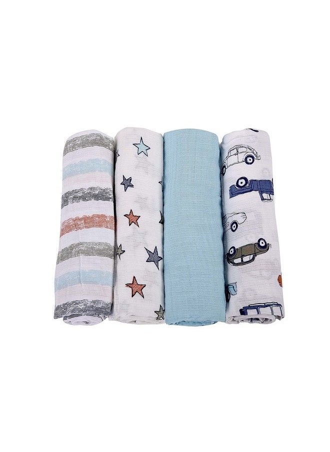 MOM'S HOME Organic Cotton Baby Muslin Cswaddle 100X100 Cm Pack Of 4 Blue 1 Ac Blanket  - Image 3