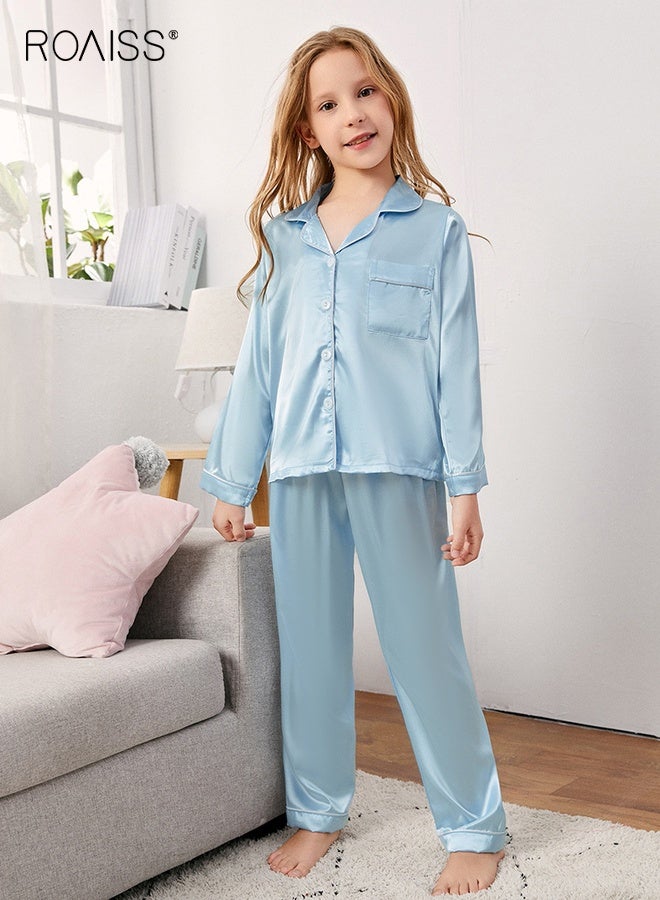 رويس طقم بيجاما بنات، طقم بيجامات بنات، طقم بيجامات للبنات، طقم ملابس نوم بأزرار بأكمام طويلة، ملابس نوم مريحة وخفيفة الوزن، ملابس نوم منزلية مسامية ومريحة للتنفس، بدلات بيجاما بلون واحد - Image 2