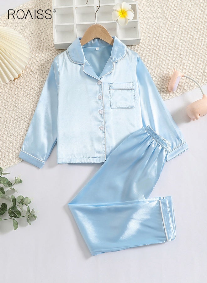 رويس طقم بيجاما بنات، طقم بيجامات بنات، طقم بيجامات للبنات، طقم ملابس نوم بأزرار بأكمام طويلة، ملابس نوم مريحة وخفيفة الوزن، ملابس نوم منزلية مسامية ومريحة للتنفس، بدلات بيجاما بلون واحد - Image 3