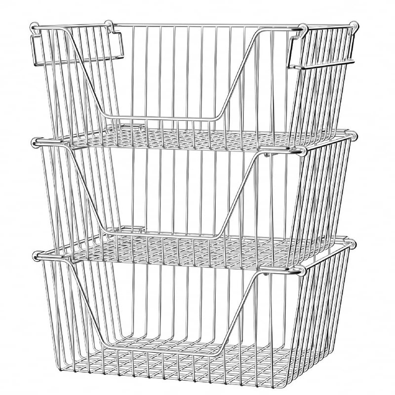 Slideep Large Stackable Storage Baskets Cabinet Organizer Sturdy Metal Wire Pantry Freezer Bin for Pantry Home Bathroom Kitchen Organization 3 Packs