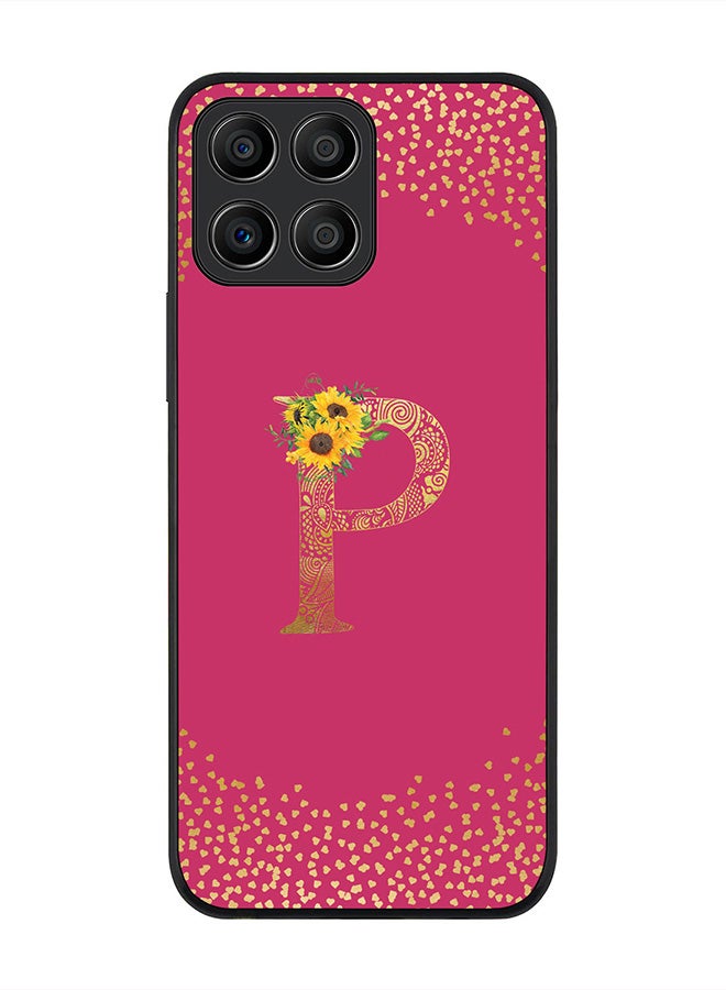 Stylizedd Rugged Black edge case for Honor X8 5G, Slim fit Rubber Edges  -  Custom Monogram Initial Letter Mandala Floral Pattern Alphabet- P  (Dark Pink Rose ) - Image 1