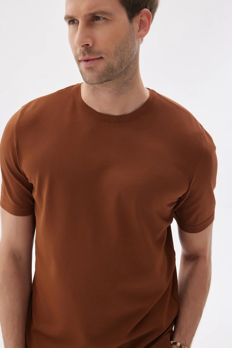 Odelon Limited Men's Plain Short Sleeve Rayon Knitwear T-Shirt Brown