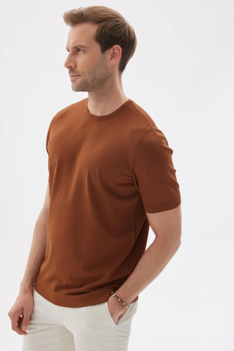 Odelon Limited Men's Plain Short Sleeve Rayon Knitwear T-Shirt Brown
