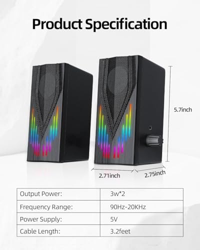 Uakinat Computer Speakers with 6 Colorful RGB Lights,USB Powered 3.5mm Aux with Loud Stereo Sound,Headphone-in for Desktop,PC/Laptop/Tablet Phone - Image 2