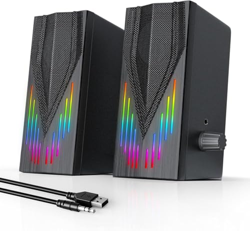 Uakinat Computer Speakers with 6 Colorful RGB Lights,USB Powered 3.5mm Aux with Loud Stereo Sound,Headphone-in for Desktop,PC/Laptop/Tablet Phone - Image 1