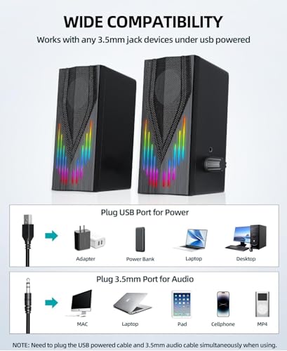 Uakinat Computer Speakers with 6 Colorful RGB Lights,USB Powered 3.5mm Aux with Loud Stereo Sound,Headphone-in for Desktop,PC/Laptop/Tablet Phone - Image 5