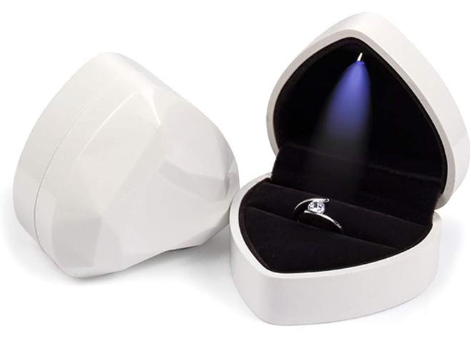 Heart Shaped Ring Gift Box with LED Light, Velvet Earrings Jewelry Case with Light, Jewellry Display Box for Wedding, Engagement, Proposal, Birthday and Anniversary (White) - Image 1