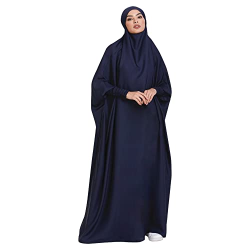 khalat Womens Solid Abaya Muslim Dress OnePiece Full Length Prayer Robe Overall Hijab Thobe Hooded Abaya Dress Navy - Image 1