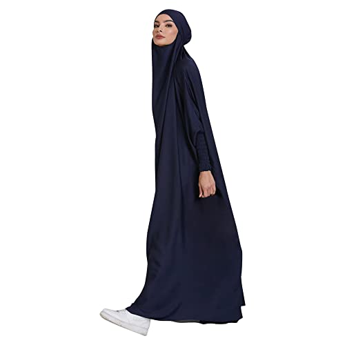 khalat Womens Solid Abaya Muslim Dress OnePiece Full Length Prayer Robe Overall Hijab Thobe Hooded Abaya Dress Navy - Image 3