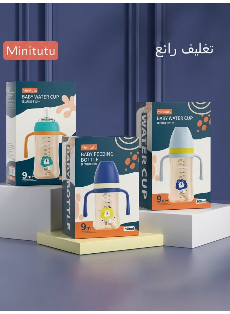 Minitutu 3 in 1 Baby Feeding Bottle 240ml(8oz), With Handle, Breast-like nipple, Sippy spout, Straight drinking straw, 9M - Image 5