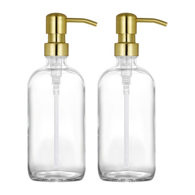 2 PACK THICK CLEAR GLASS PINT HAND SOAP DISPENSER BATHROOM WITH GOLD STAINLESS STEEL PUMP 16OUNCE CLEAR BOSTON ROUND BOTTLES DISPENSER WITH RUSTPROOF PUMP FOR KITCHEN DISH LOTION SOAP