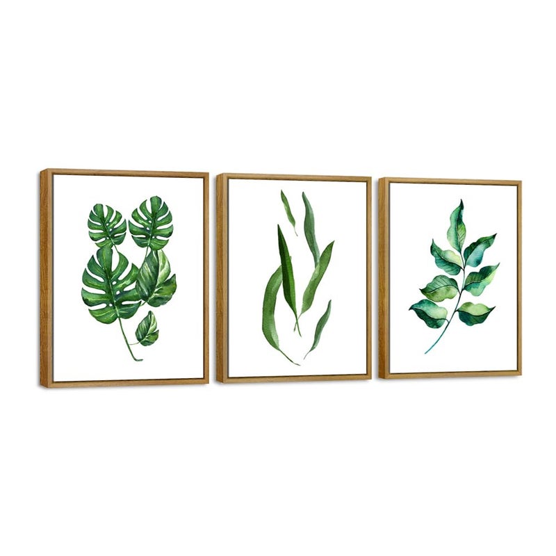 Pyradecor Framed Canvas Wall Art Green Leaves Botanic Abstract Watercolor Pictures 3 Pieces Modern Artwork for Bedroom Living Room Bathroom Wall Decor - Image 1