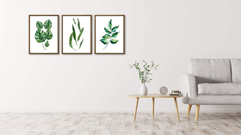 Pyradecor Framed Canvas Wall Art Green Leaves Botanic Abstract Watercolor Pictures 3 Pieces Modern Artwork for Bedroom Living Room Bathroom Wall Decor - Image 3