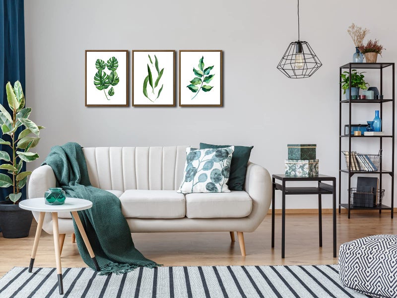 Pyradecor Framed Canvas Wall Art Green Leaves Botanic Abstract Watercolor Pictures 3 Pieces Modern Artwork for Bedroom Living Room Bathroom Wall Decor - Image 4
