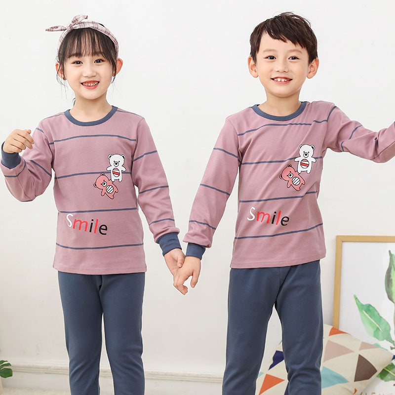 2023 new childrens clothing autumn and winter cotton underwear set boys and girls close-fitting underwear home clothing A autumn pants -Rust Bear (set) 