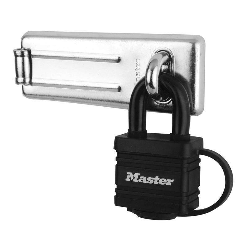 Master Lock 7804704EURD Pack Including Door Hasp and Keyed Padlock, Black - Image 1